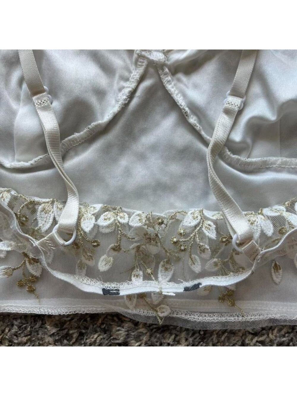 White & Gold Floral Embroidered Babydoll Corset XS/S Crop Top Summer Dainty Chic - Picture 6 of 8